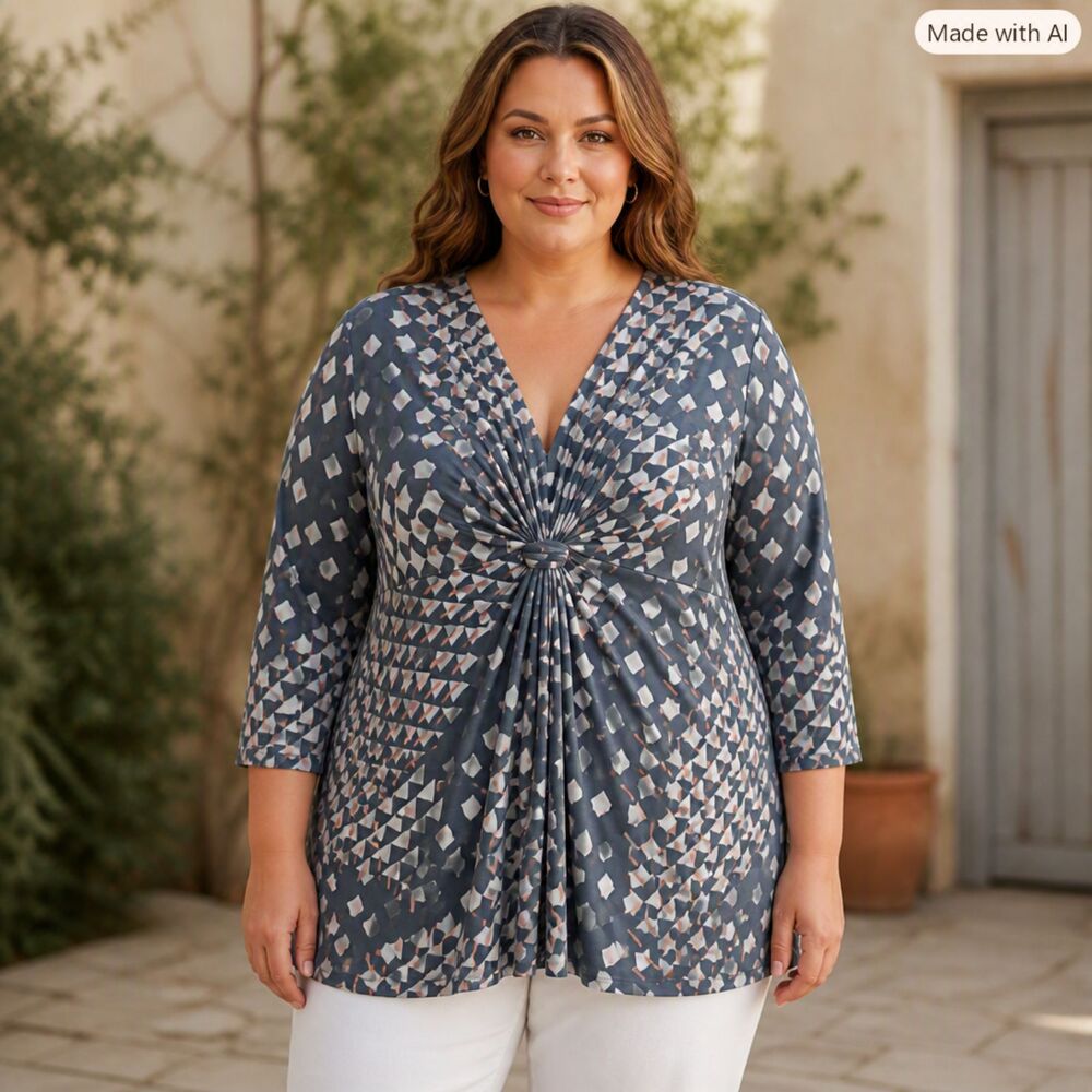 Daisy Fuentes Charcoal and Light Pink Geometric Twist-Front Tunic In EUC